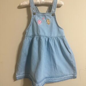 Denim Overall Dress with Embroidered Flowers